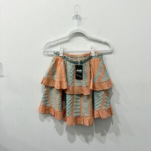 Devotion Twins High Rise Tiered Ruffle Mini Skirt Orange/Teal Women's One Size